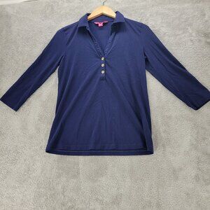 Lilly Pulitzer Ansley Polo 3/4 Sleeve	 Navy Women's Small 100% Pima Cotton Shirt